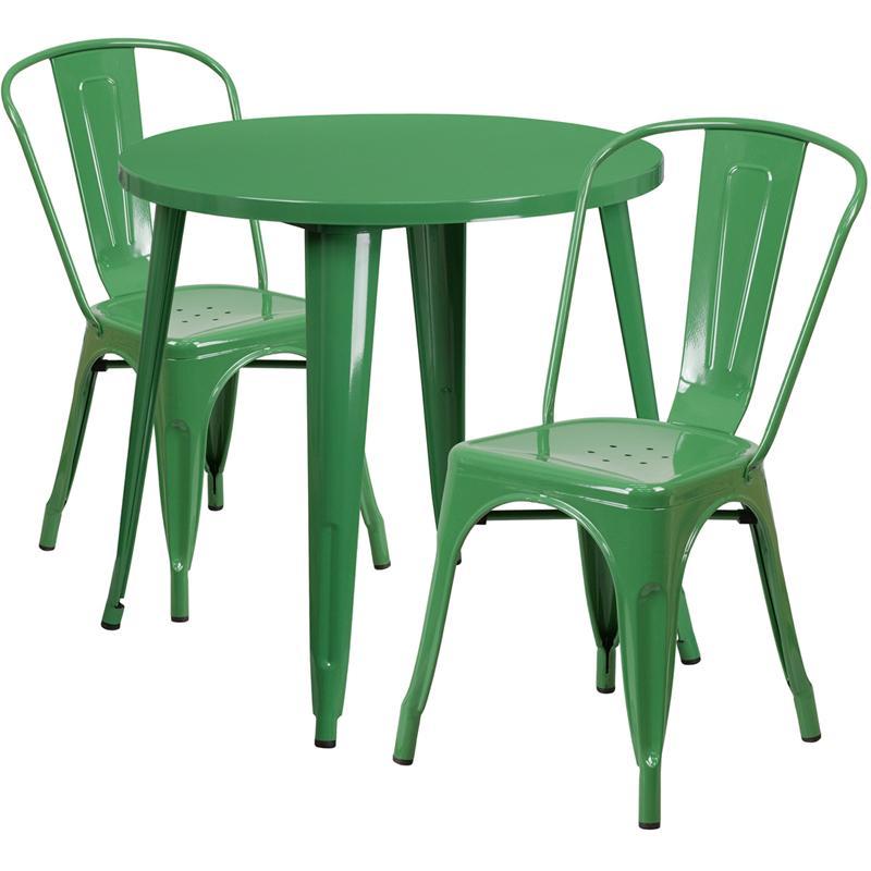 30'' Round Green Metal Indoor-Outdoor Table Set with 2 Cafe Chairs