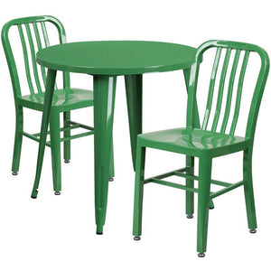 30'' Round Green Metal Indoor-Outdoor Table Set with 2 Vertical Slat Back Chairs