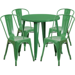 30'' Round Green Metal Indoor-Outdoor Table Set with 4 Cafe Chairs