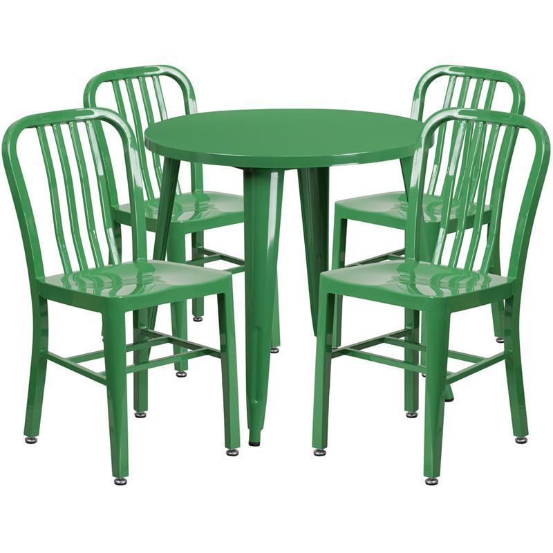 30'' Round Green Metal Indoor-Outdoor Table Set with 4 Vertical Slat Back Chairs