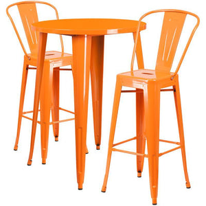 30'' Round Orange Metal Indoor-Outdoor Bar Table Set with 2 Cafe Stools
