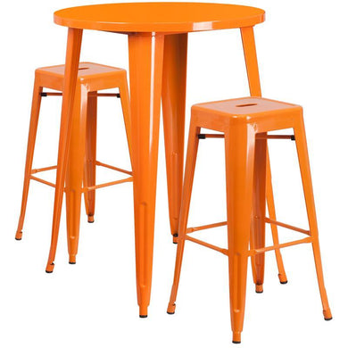 30'' Round Orange Metal Indoor-Outdoor Bar Table Set with 2 Square Seat Backless Stools