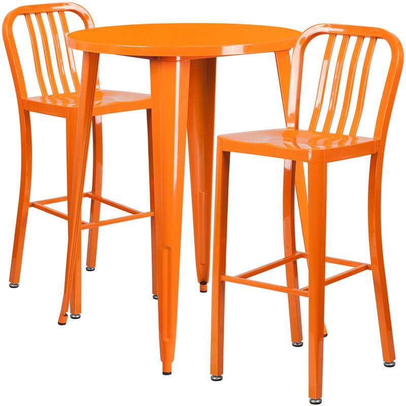 30'' Round Orange Metal Indoor-Outdoor Bar Table Set with 2 Vertical Slat Back Stools