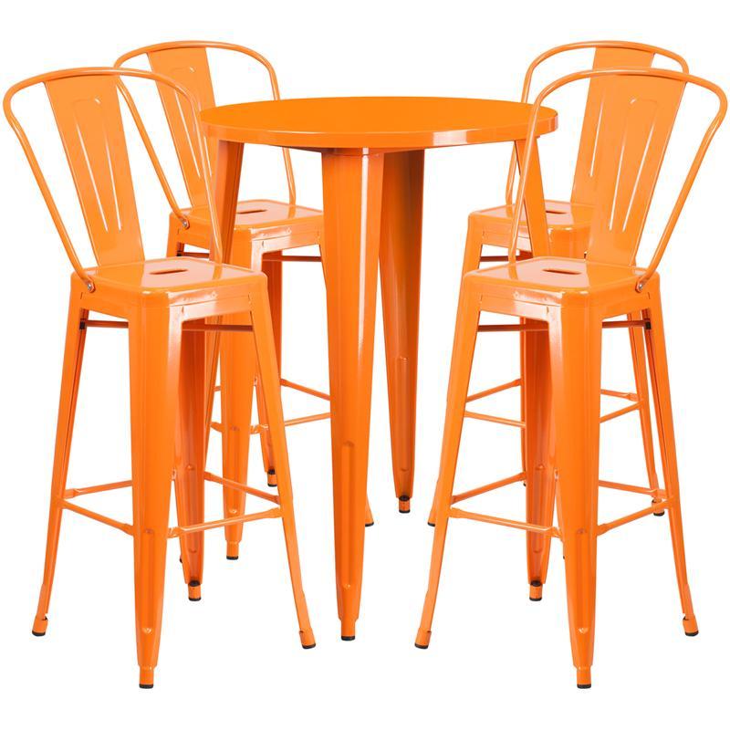 30'' Round Orange Metal Indoor-Outdoor Bar Table Set with 4 Cafe Stools