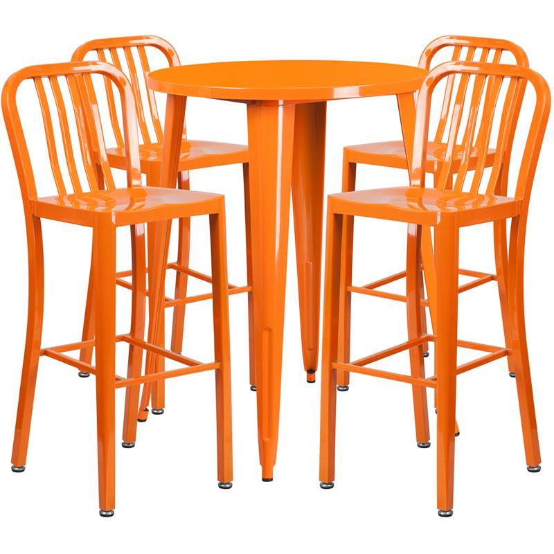 30'' Round Orange Metal Indoor-Outdoor Bar Table Set with 4 Vertical Slat Back Stools