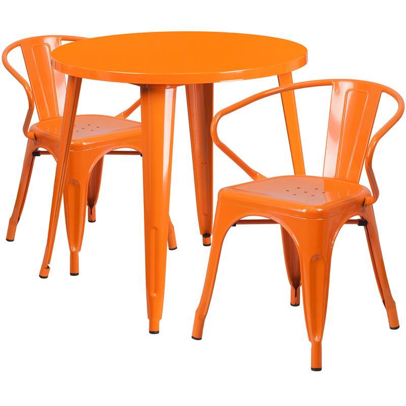 30'' Round Orange Metal Indoor-Outdoor Table Set with 2 Arm Chairs