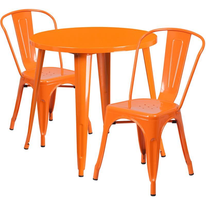 30'' Round Orange Metal Indoor-Outdoor Table Set with 2 Cafe Chairs