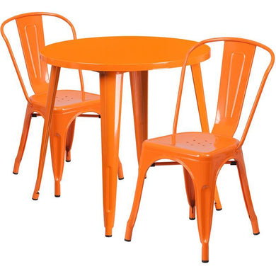 30'' Round Orange Metal Indoor-Outdoor Table Set with 2 Cafe Chairs