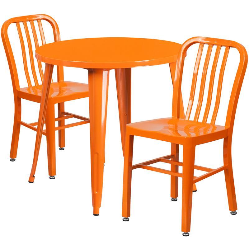 30'' Round Orange Metal Indoor-Outdoor Table Set with 2 Vertical Slat Back Chairs