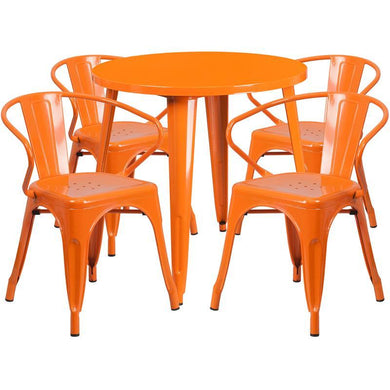 30'' Round Orange Metal Indoor-Outdoor Table Set with 4 Arm Chairs