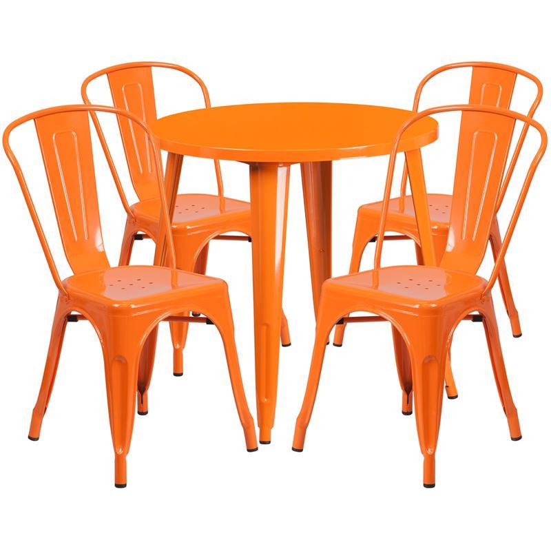 30'' Round Orange Metal Indoor-Outdoor Table Set with 4 Cafe Chairs