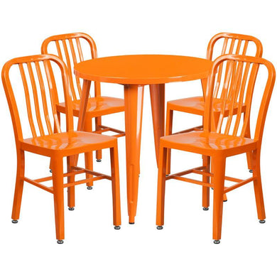 30'' Round Orange Metal Indoor-Outdoor Table Set with 4 Vertical Slat Back Chairs