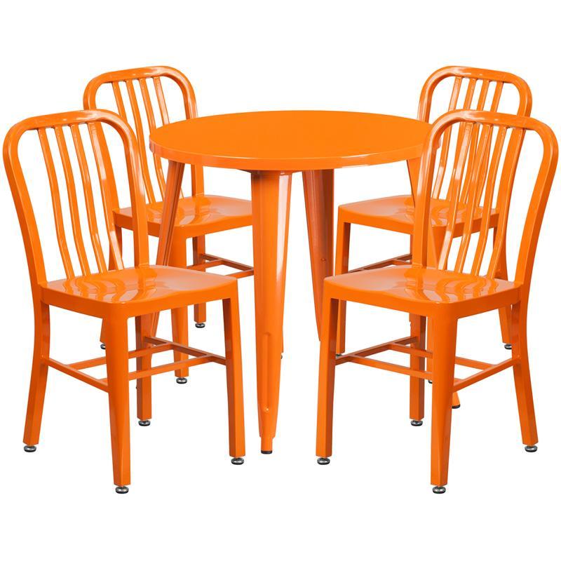 30'' Round Orange Metal Indoor-Outdoor Table Set with 4 Vertical Slat Back Chairs