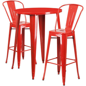 30'' Round Red Metal Indoor-Outdoor Bar Table Set with 2 Cafe Stools