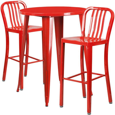 30'' Round Red Metal Indoor-Outdoor Bar Table Set with 2 Vertical Slat Back Stools