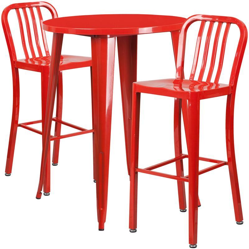 30'' Round Red Metal Indoor-Outdoor Bar Table Set with 2 Vertical Slat Back Stools