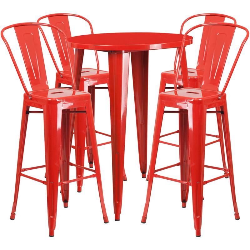 30'' Round Red Metal Indoor-Outdoor Bar Table Set with 4 Cafe Stools