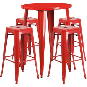 30'' Round Red Metal Indoor-Outdoor Bar Table Set with 4 Square Seat Backless Stools