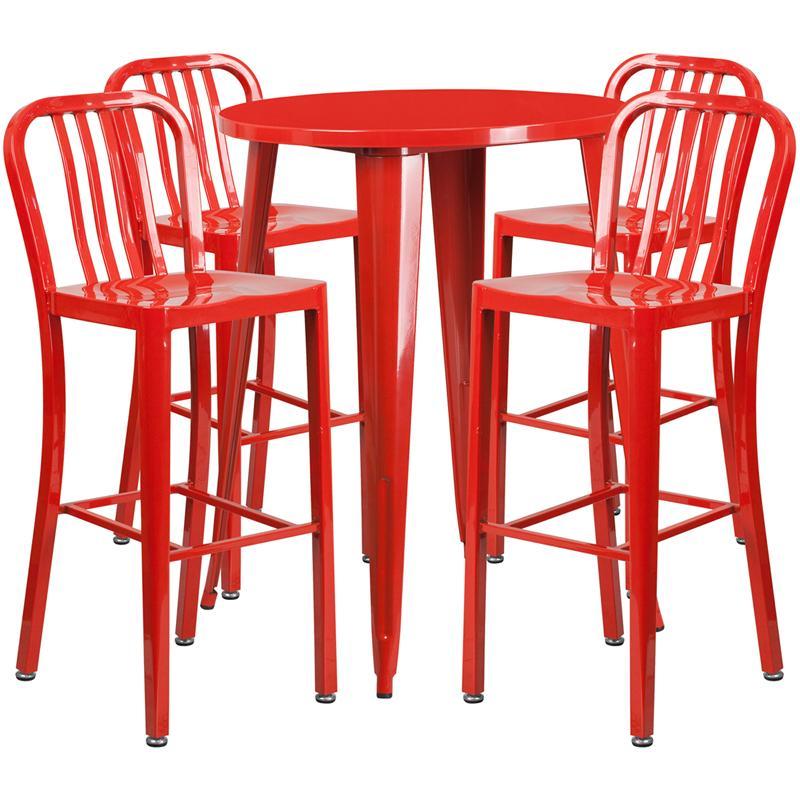 30'' Round Red Metal Indoor-Outdoor Bar Table Set with 4 Vertical Slat Back Stools