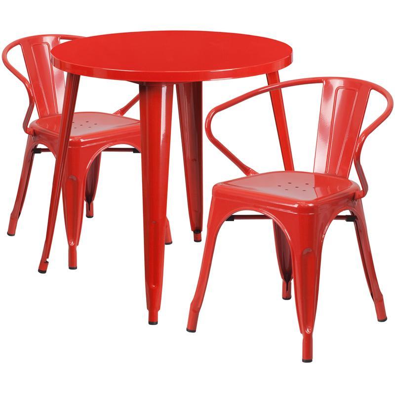 30'' Round Red Metal Indoor-Outdoor Table Set with 2 Arm Chairs