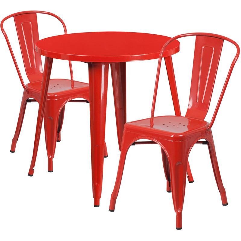 30'' Round Red Metal Indoor-Outdoor Table Set with 2 Cafe Chairs