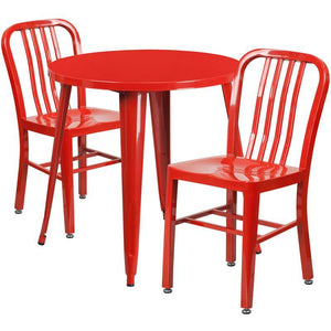 30'' Round Red Metal Indoor-Outdoor Table Set with 2 Vertical Slat Back Chairs