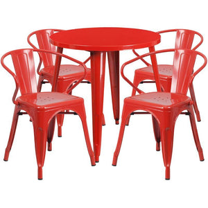 30'' Round Red Metal Indoor-Outdoor Table Set with 4 Arm Chairs