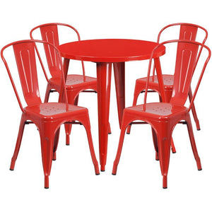 30'' Round Red Metal Indoor-Outdoor Table Set with 4 Cafe Chairs