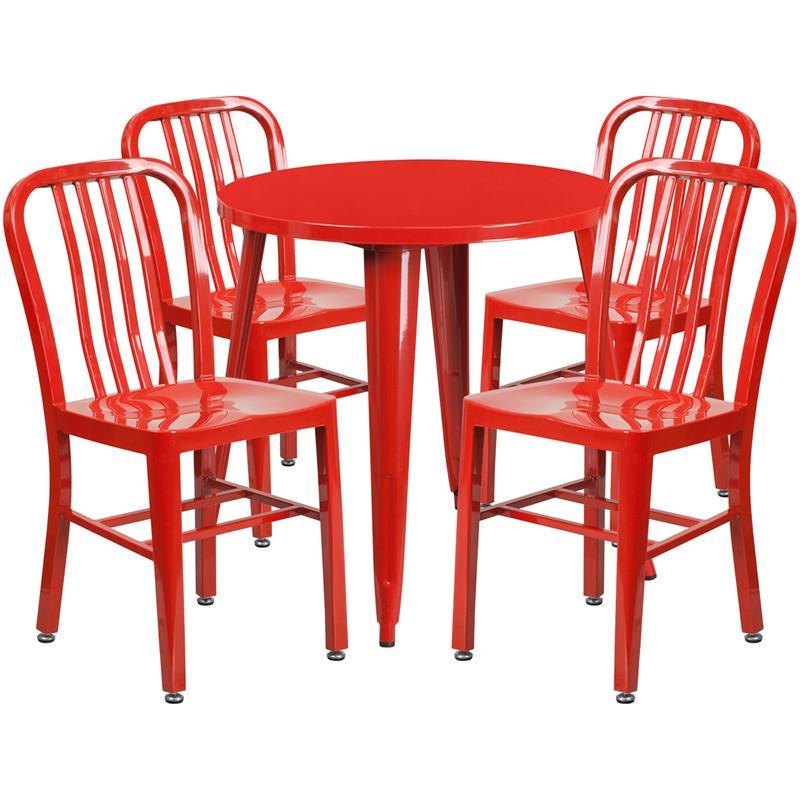 30'' Round Red Metal Indoor-Outdoor Table Set with 4 Vertical Slat Back Chairs