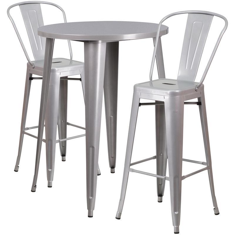 30'' Round Silver Metal Indoor-Outdoor Bar Table Set with 2 Cafe Stools