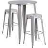 30'' Round Silver Metal Indoor-Outdoor Bar Table Set with 2 Square Seat Backless Stools