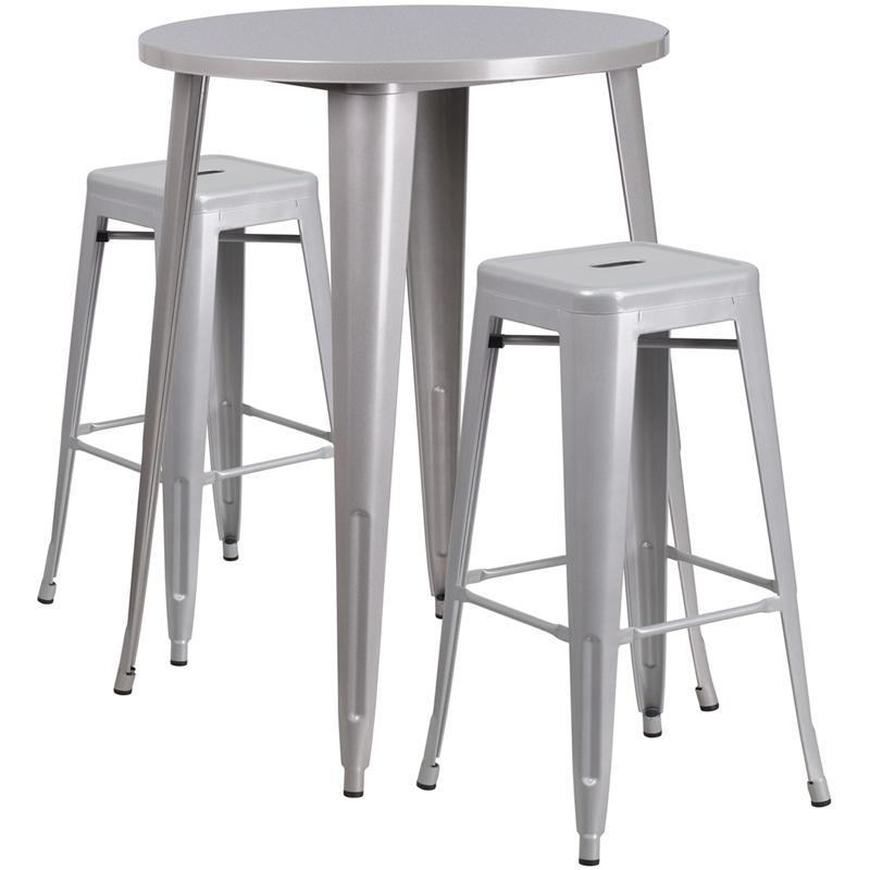 30'' Round Silver Metal Indoor-Outdoor Bar Table Set with 2 Square Seat Backless Stools