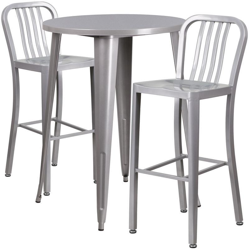30'' Round Silver Metal Indoor-Outdoor Bar Table Set with 2 Vertical Slat Back Stools