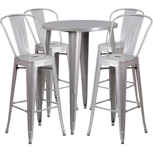 30'' Round Silver Metal Indoor-Outdoor Bar Table Set with 4 Cafe Stools