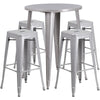 30'' Round Silver Metal Indoor-Outdoor Bar Table Set with 4 Square Seat Backless Stools