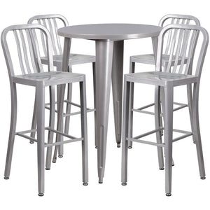 30'' Round Silver Metal Indoor-Outdoor Bar Table Set with 4 Vertical Slat Back Stools