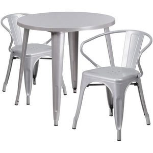 30'' Round Silver Metal Indoor-Outdoor Table Set with 2 Arm Chairs