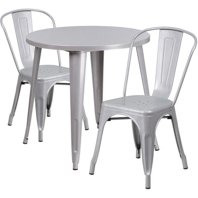 30'' Round Silver Metal Indoor-Outdoor Table Set with 2 Cafe Chairs
