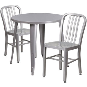 30'' Round Silver Metal Indoor-Outdoor Table Set with 2 Vertical Slat Back Chairs