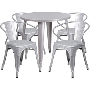 30'' Round Silver Metal Indoor-Outdoor Table Set with 4 Arm Chairs