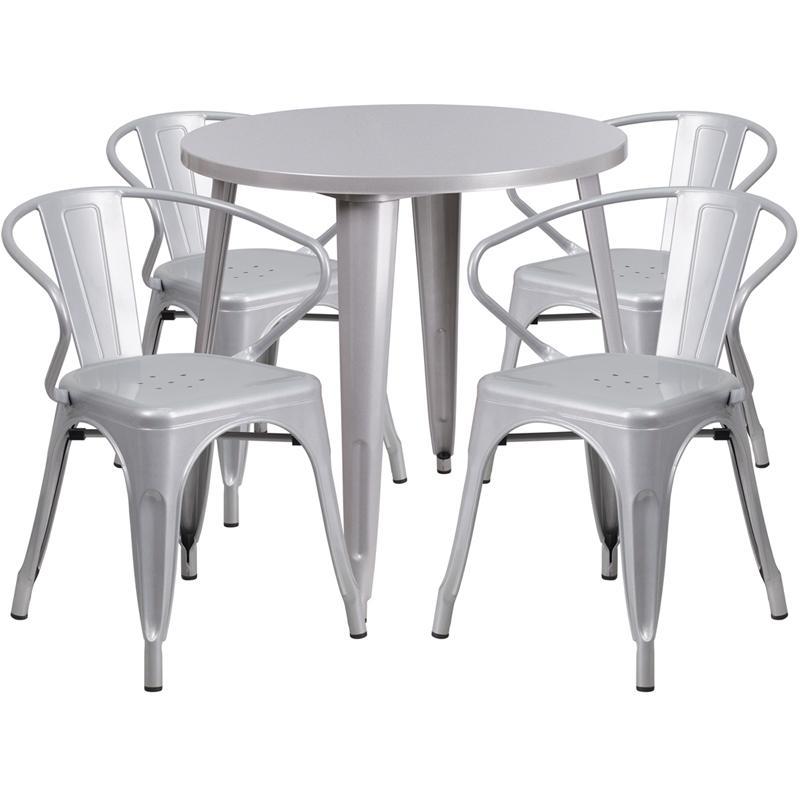 30'' Round Silver Metal Indoor-Outdoor Table Set with 4 Arm Chairs