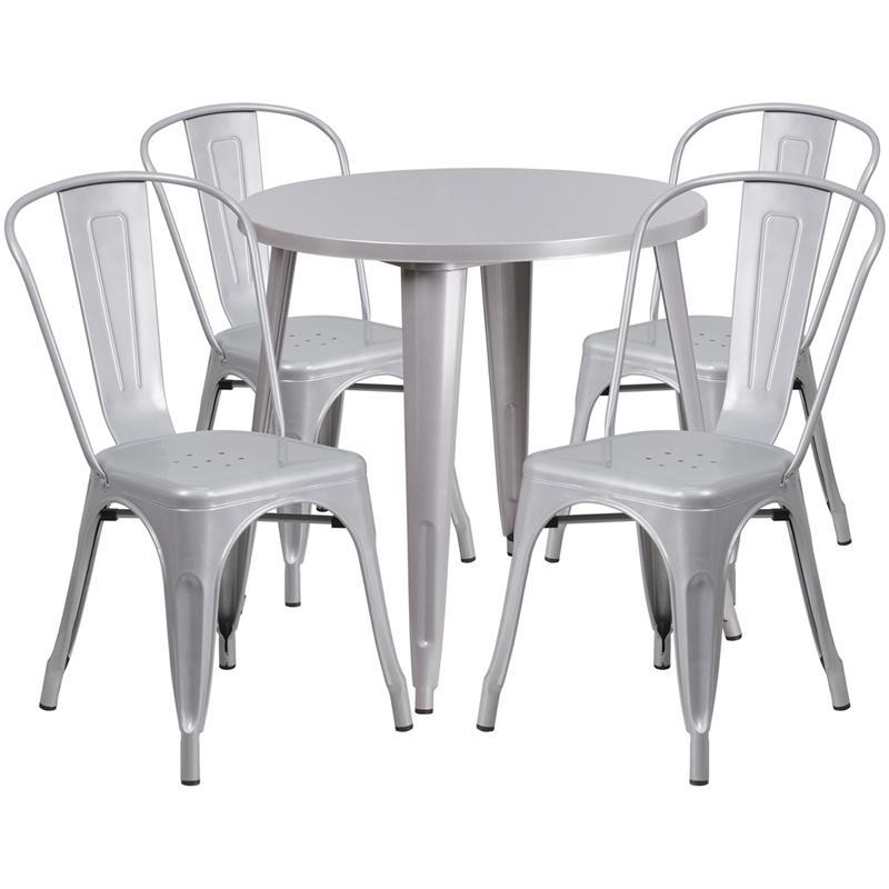 30'' Round Silver Metal Indoor-Outdoor Table Set with 4 Cafe Chairs