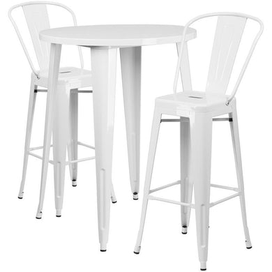 30'' Round White Metal Indoor-Outdoor Bar Table Set with 2 Cafe Stools