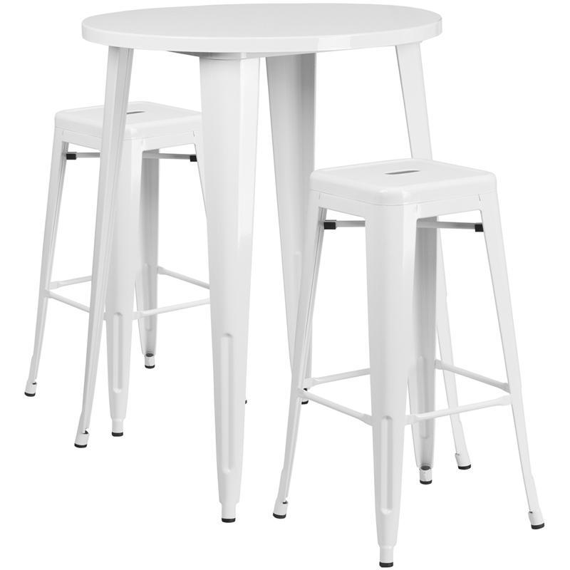 30'' Round White Metal Indoor-Outdoor Bar Table Set with 2 Square Seat Backless Stools
