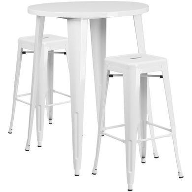 30'' Round White Metal Indoor-Outdoor Bar Table Set with 2 Square Seat Backless Stools