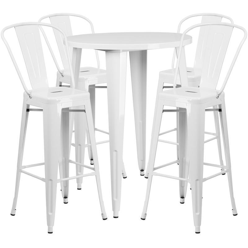 30'' Round White Metal Indoor-Outdoor Bar Table Set with 4 Cafe Stools