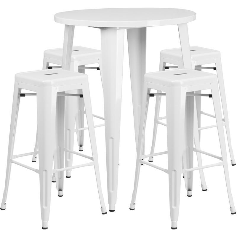 30'' Round White Metal Indoor-Outdoor Bar Table Set with 4 Square Seat Backless Stools