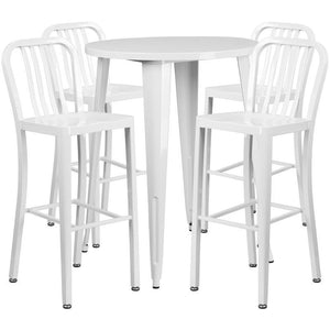 30'' Round White Metal Indoor-Outdoor Bar Table Set with 4 Vertical Slat Back Stools
