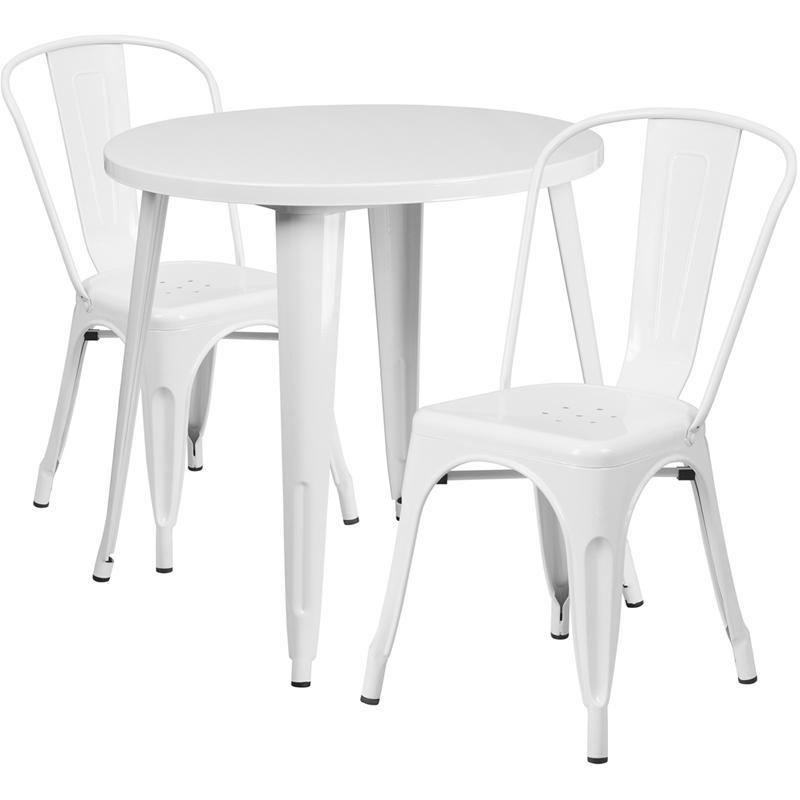 30'' Round White Metal Indoor-Outdoor Table Set with 2 Cafe Chairs