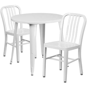 30'' Round White Metal Indoor-Outdoor Table Set with 2 Vertical Slat Back Chairs